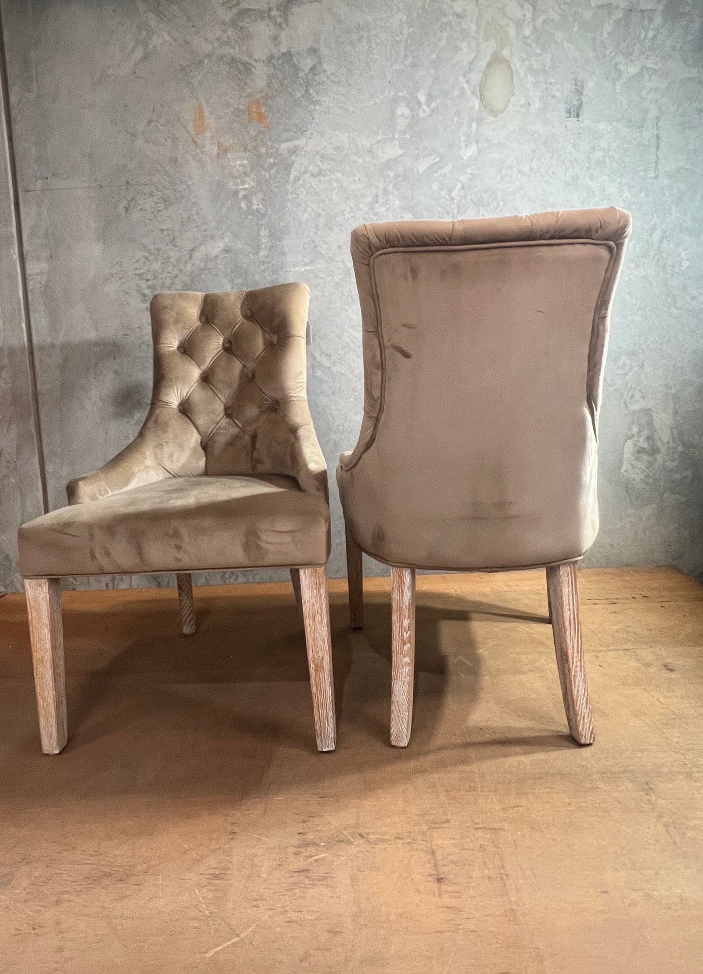Oyster Velvet Diamond buttoned dining chairs - 2 available