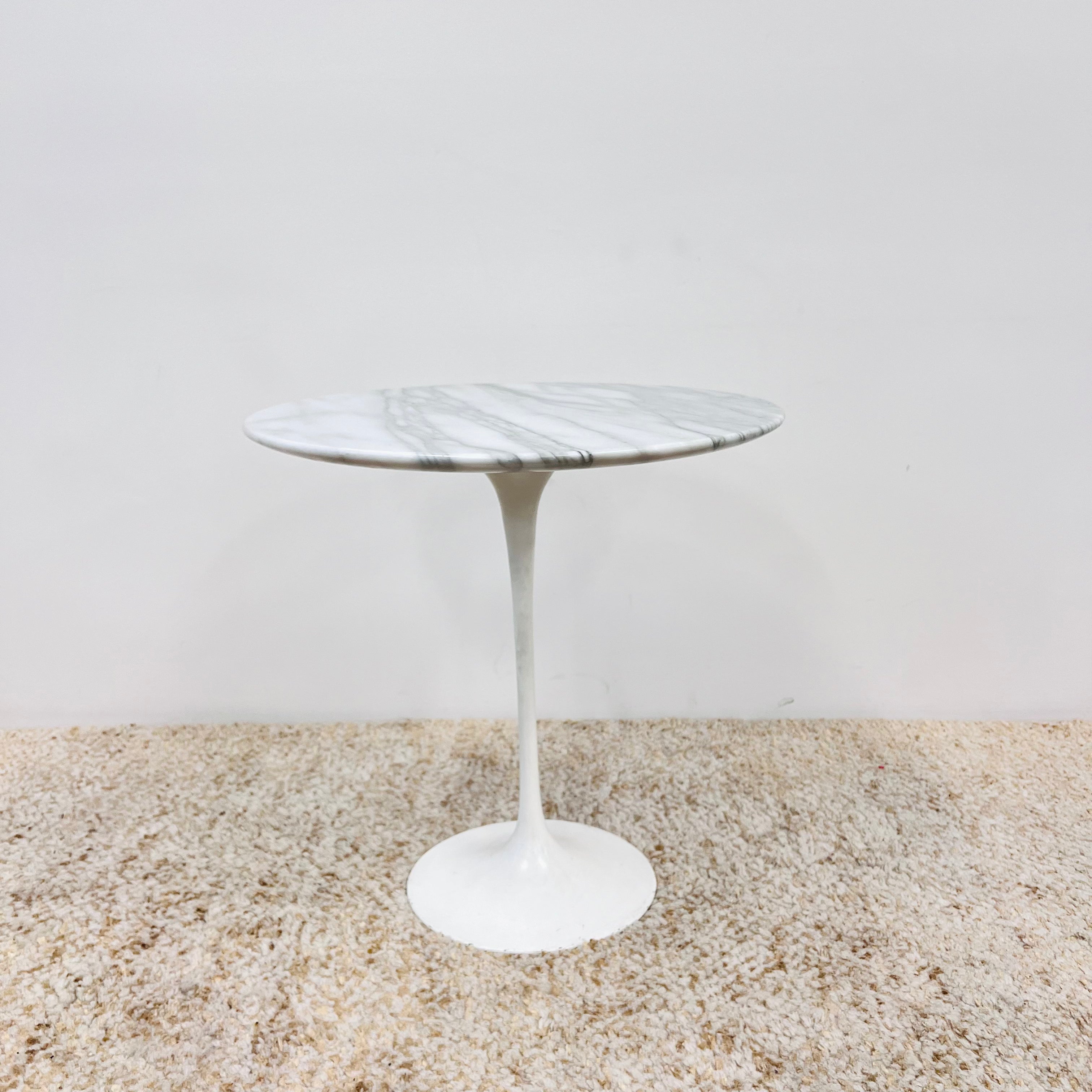 White Marble Top side table with Tulip Style white base.