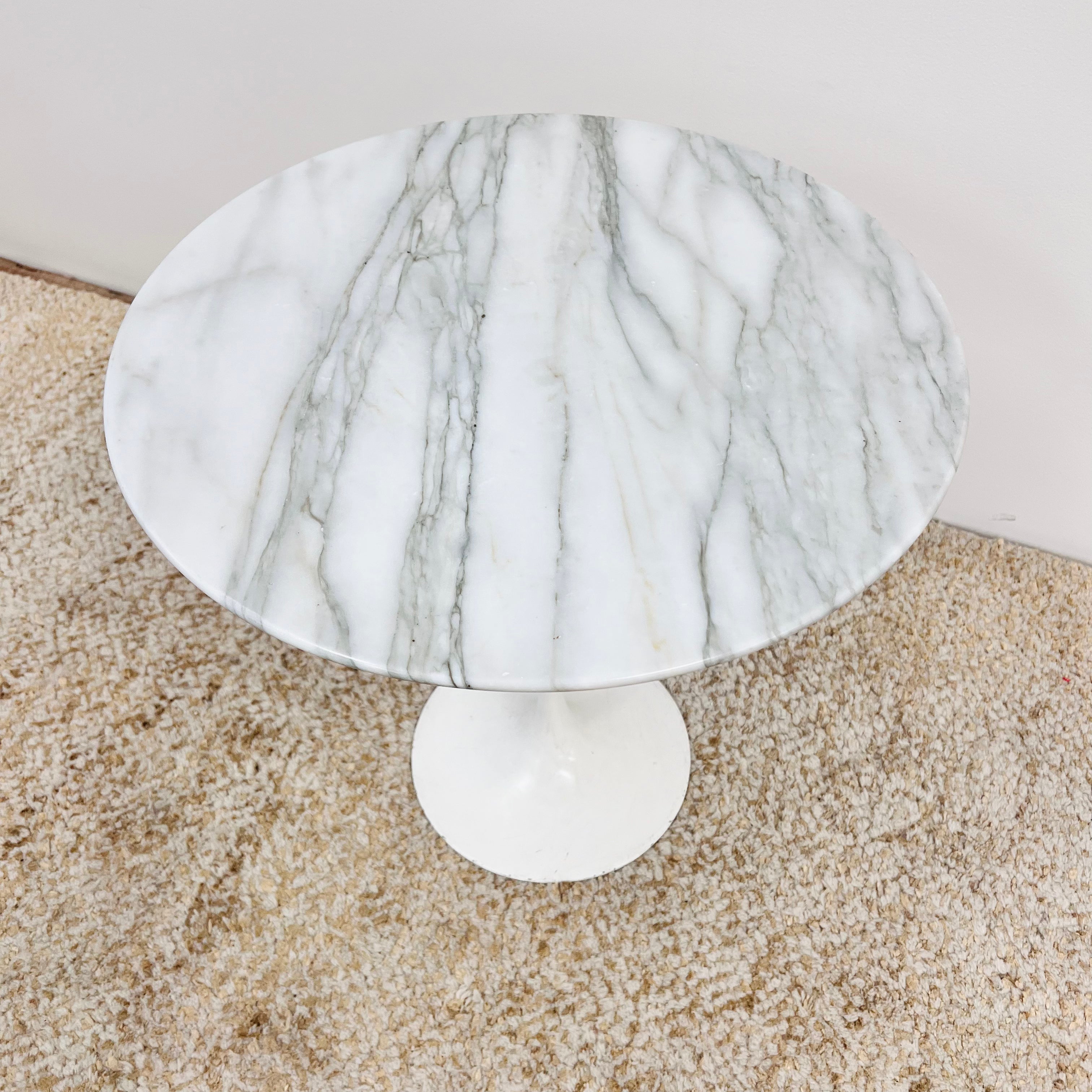 White Marble Top side table with Tulip Style white base.