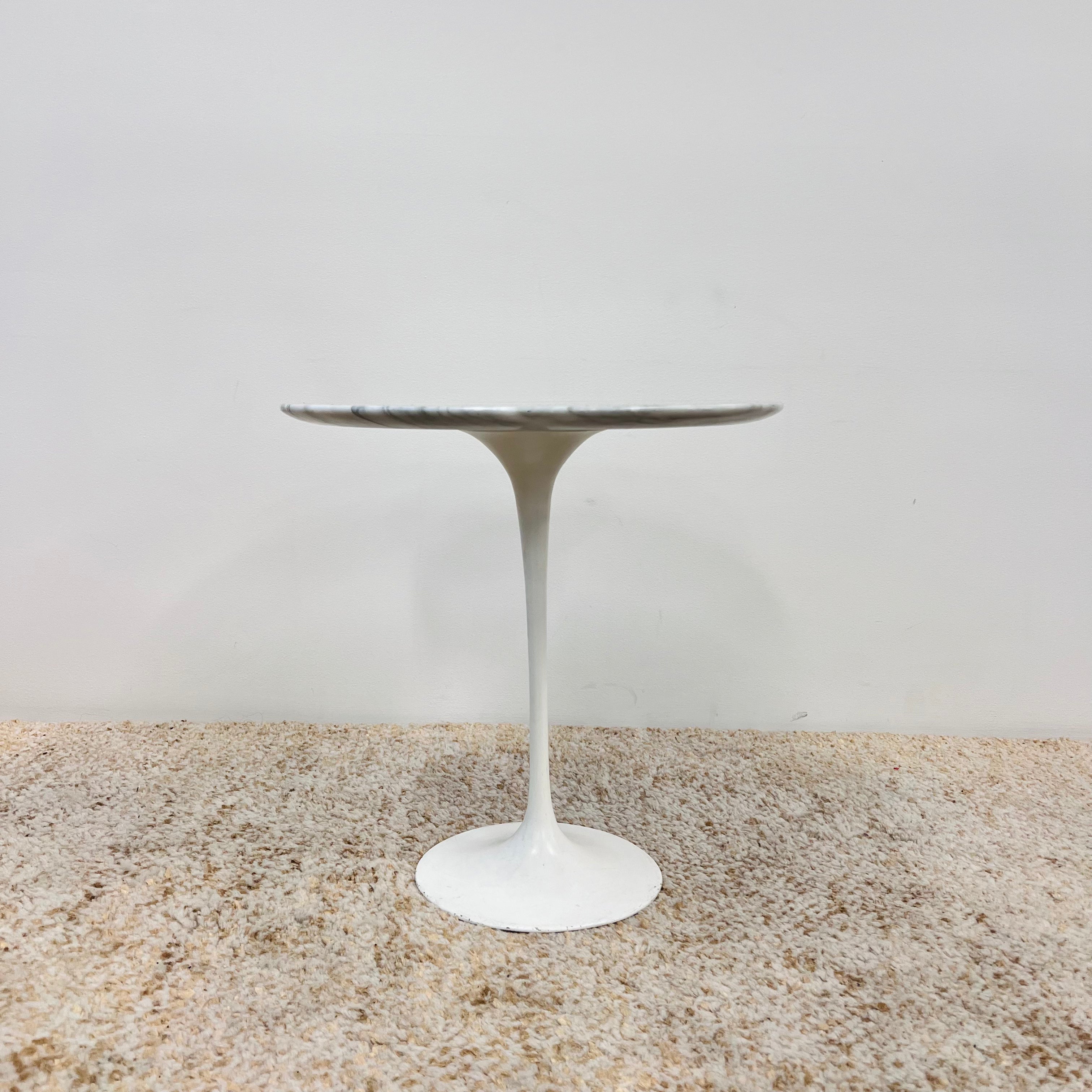 White Marble Top side table with Tulip Style white base.