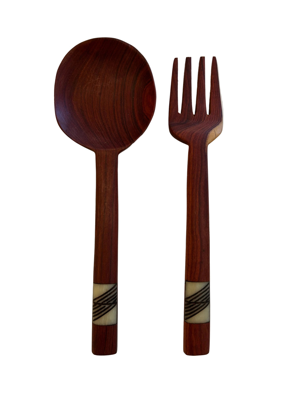 Teak and Bone Inlay Hand Carved Salad Servers Set