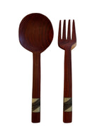 Teak and Bone Inlay Hand Carved Salad Servers Set