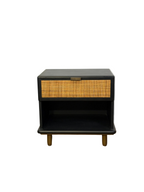 Venice Bedside Table - Black Timber and Rattan