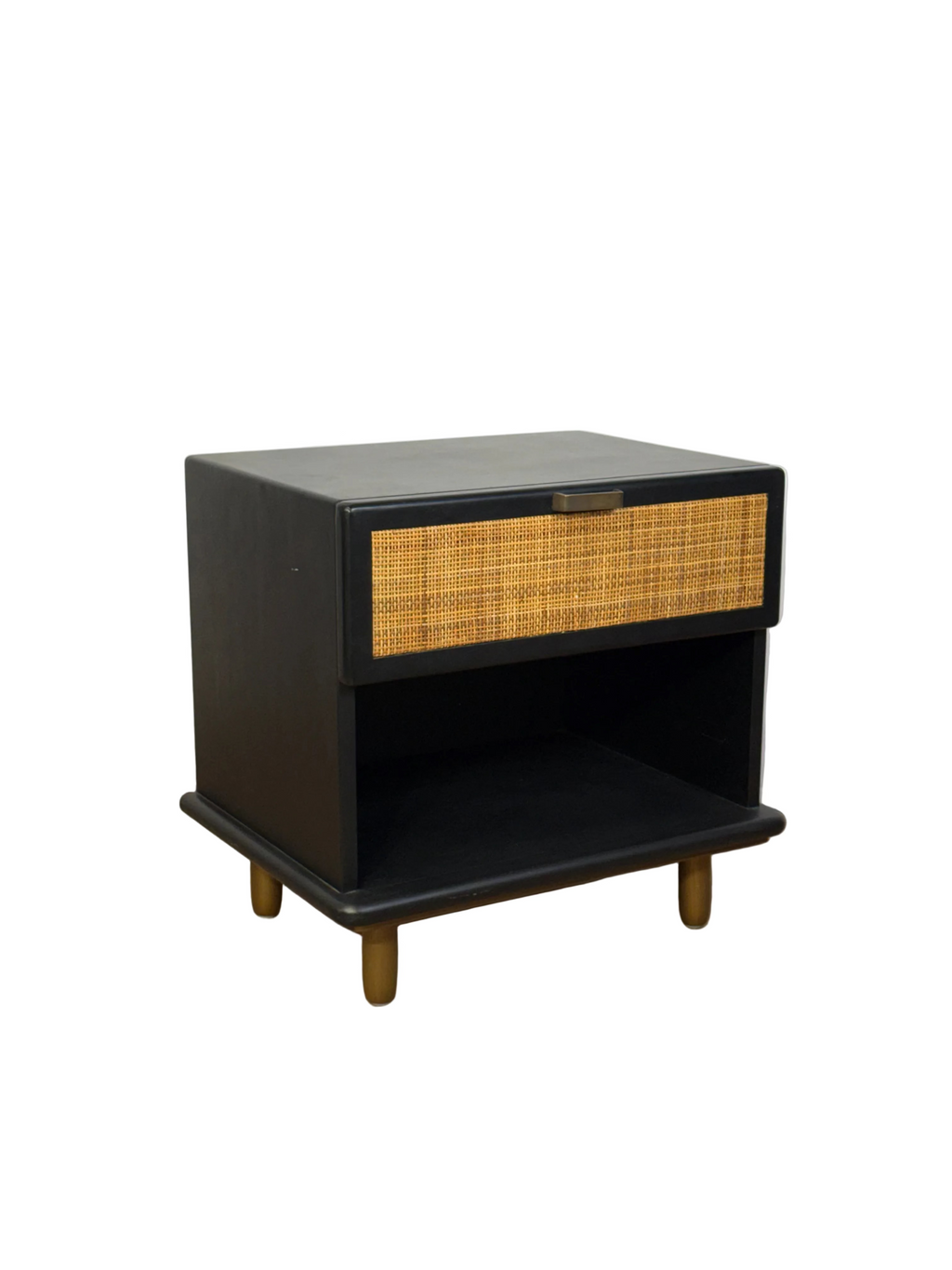 Venice Bedside Table - Black Timber and Rattan