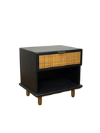 Venice Bedside Table - Black Timber and Rattan