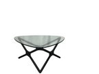 Glass top triangular coffee table black oak legs
