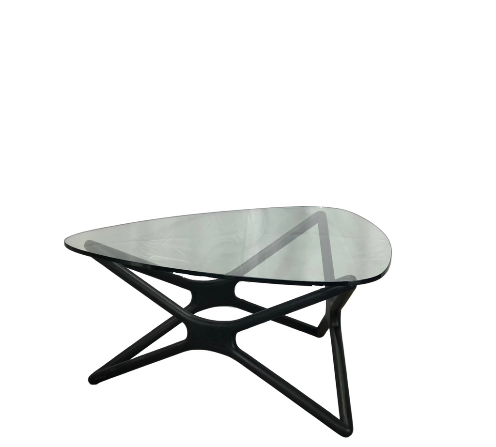 Glass top triangular coffee table black oak legs