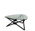 Glass top triangular coffee table black oak legs