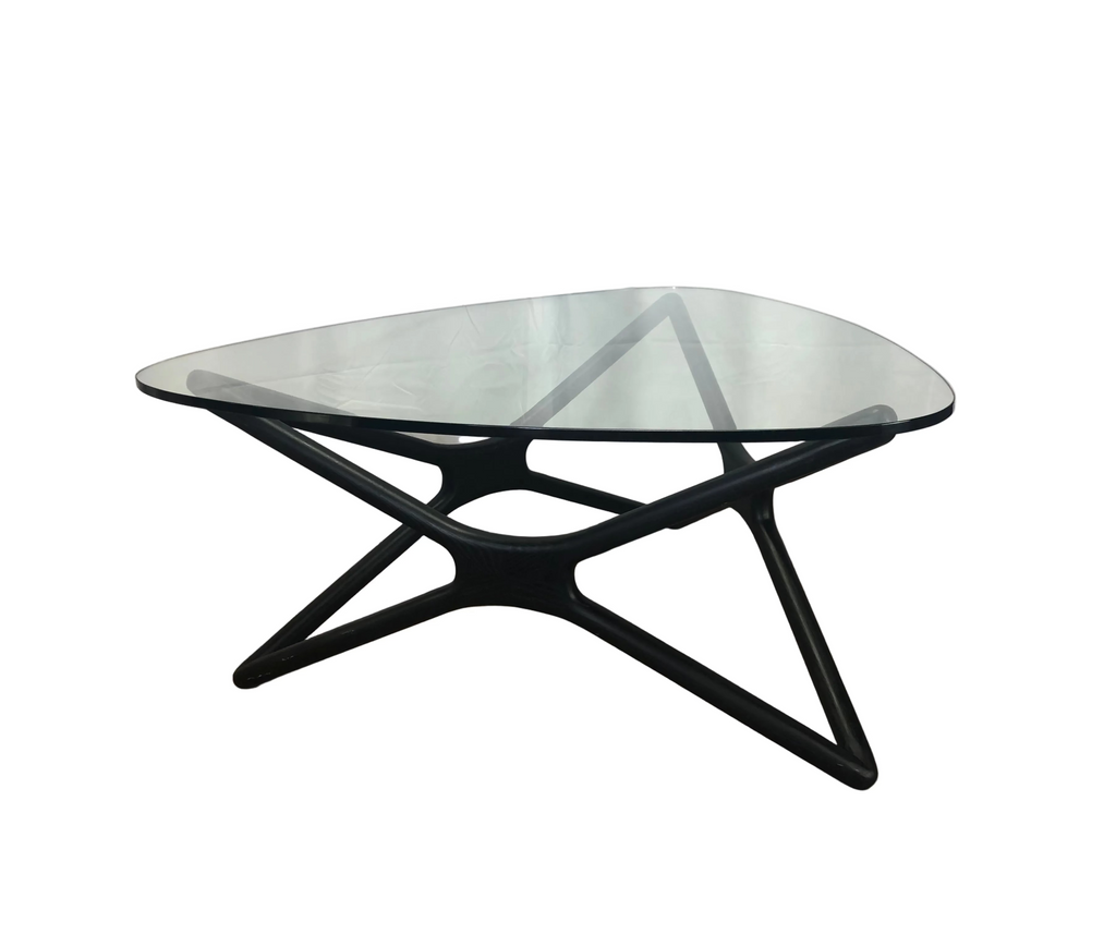 Glass top triangular coffee table black oak legs