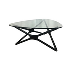 Glass top triangular coffee table black oak legs