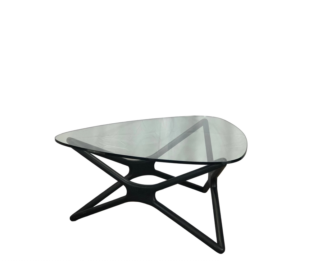 Glass top triangular coffee table black oak legs