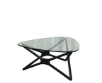 Glass top triangular coffee table black oak legs