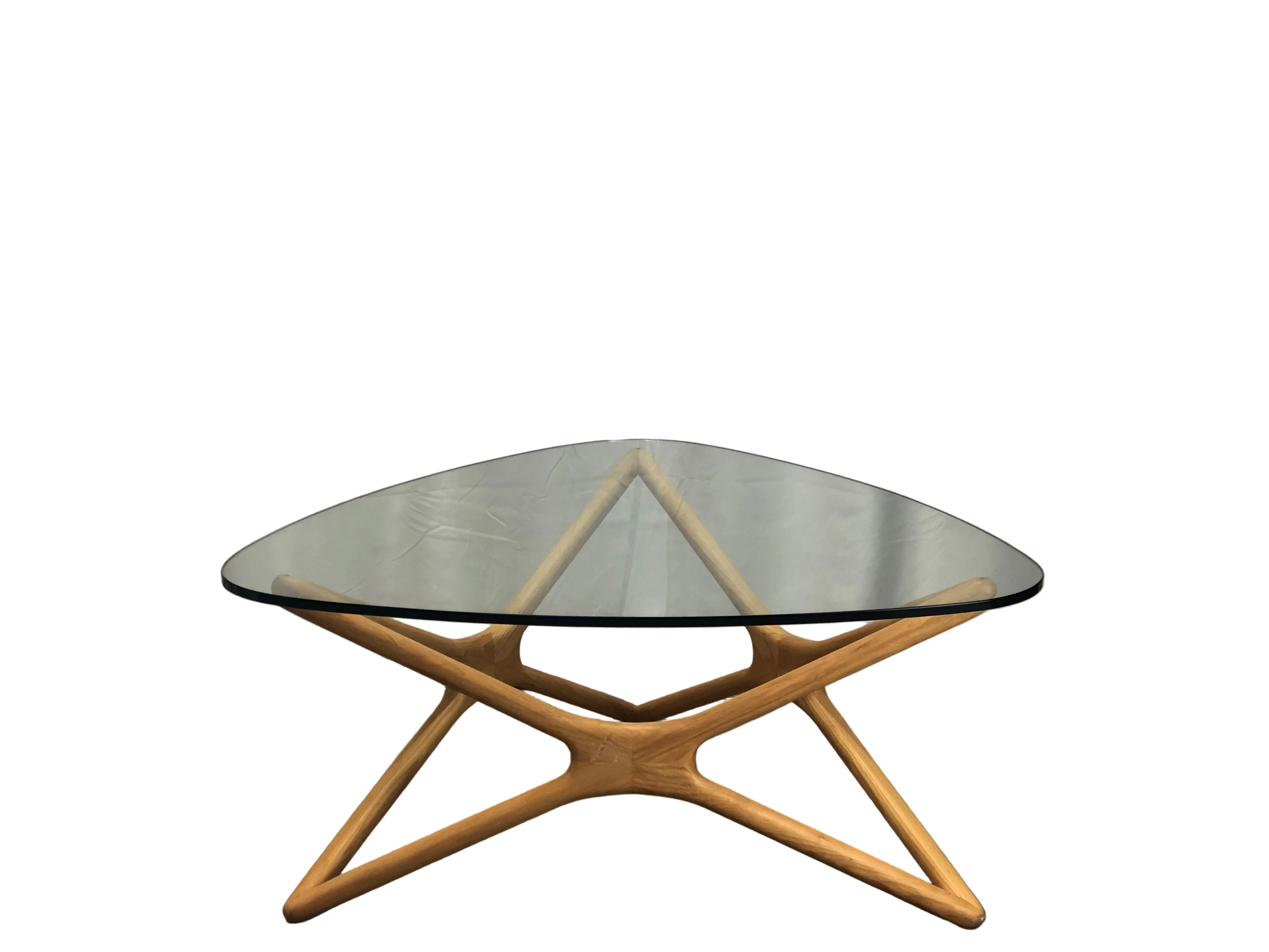 Glass top triangular coffee table oak legs