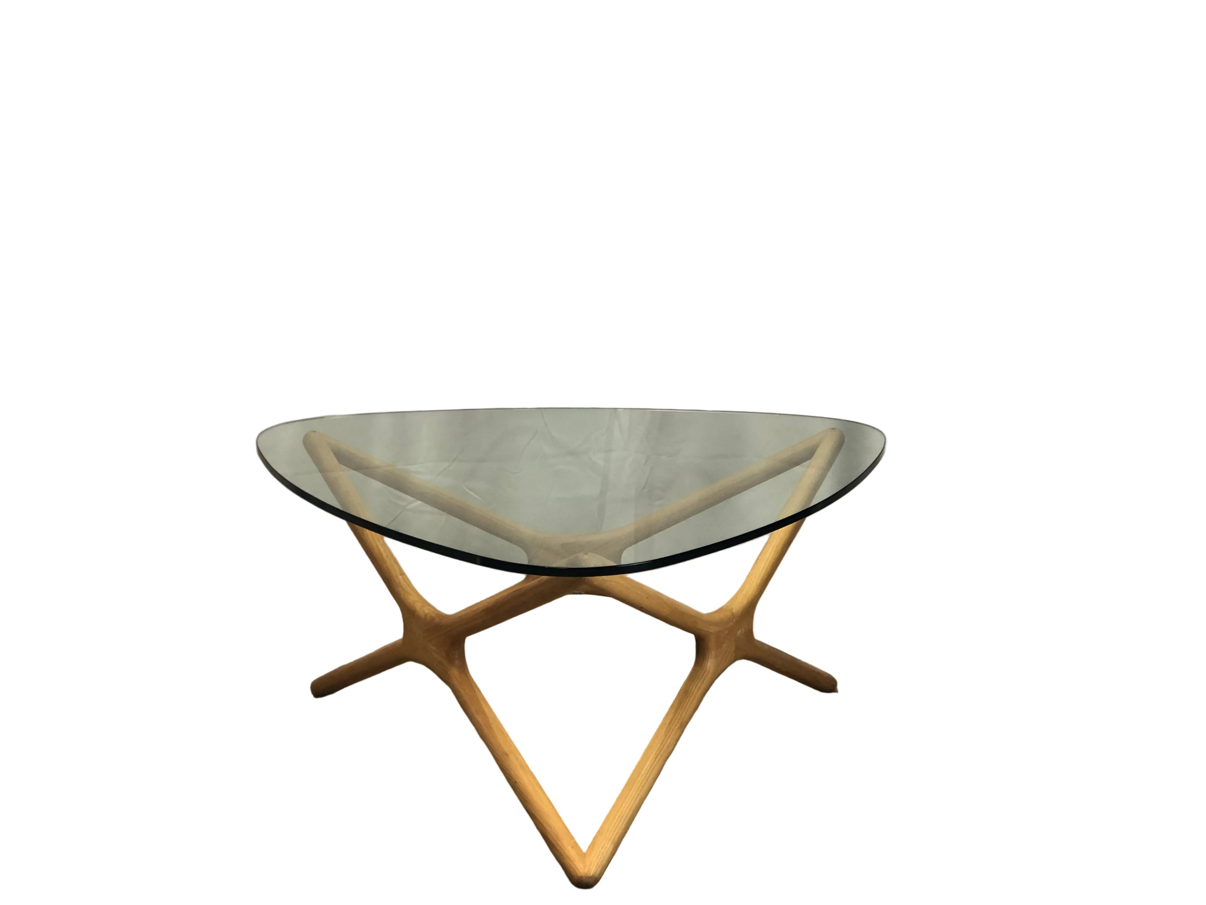 Glass top triangular coffee table oak legs