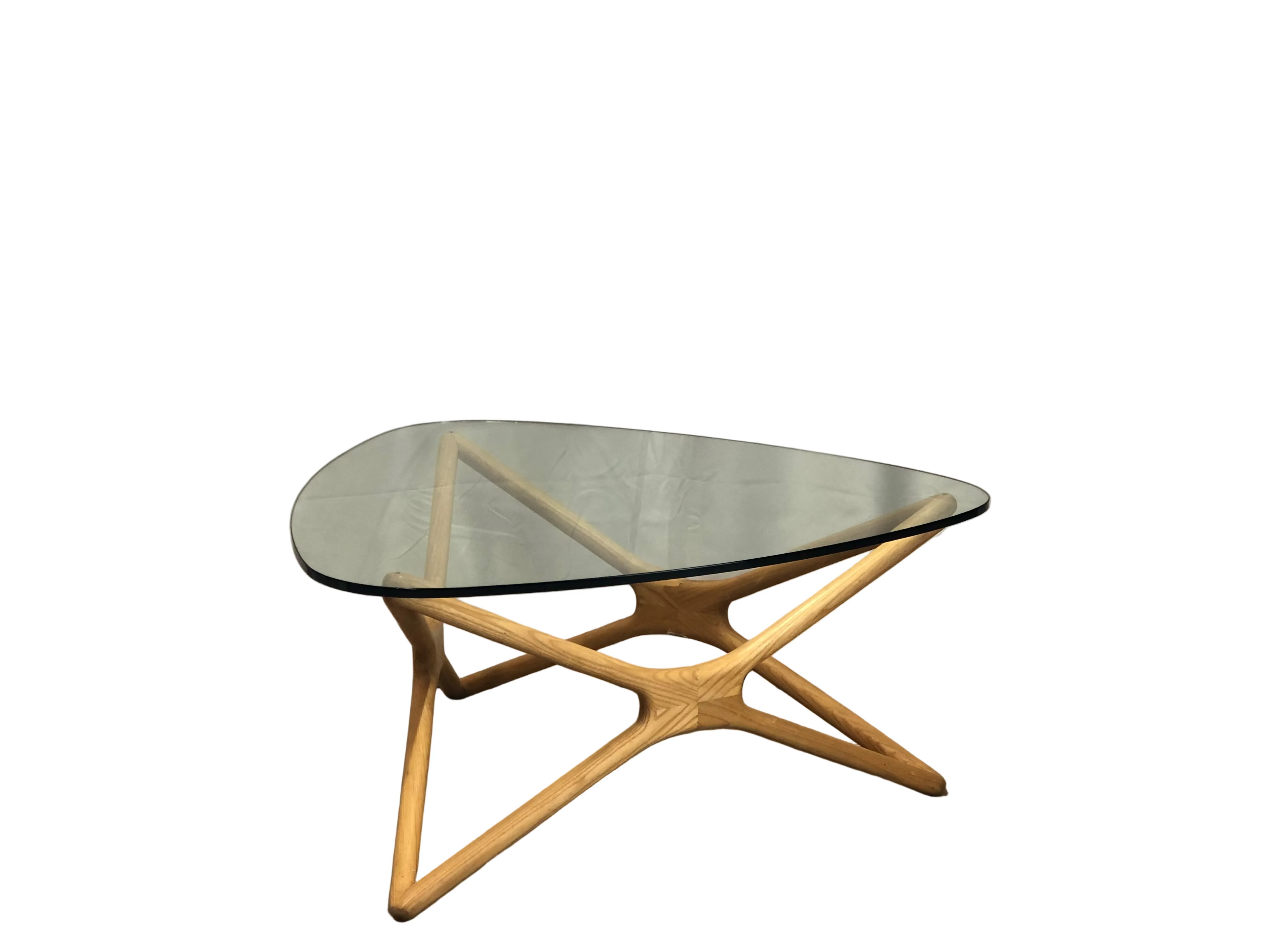 Glass top triangular coffee table oak legs