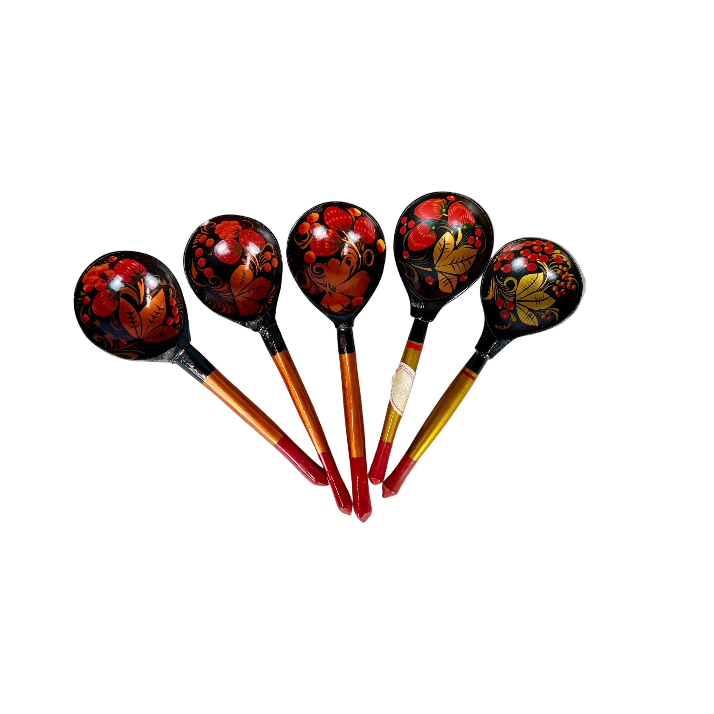 Vintage Hand-Painted Khokhloma Russian Wooden Spoons, Set of 5