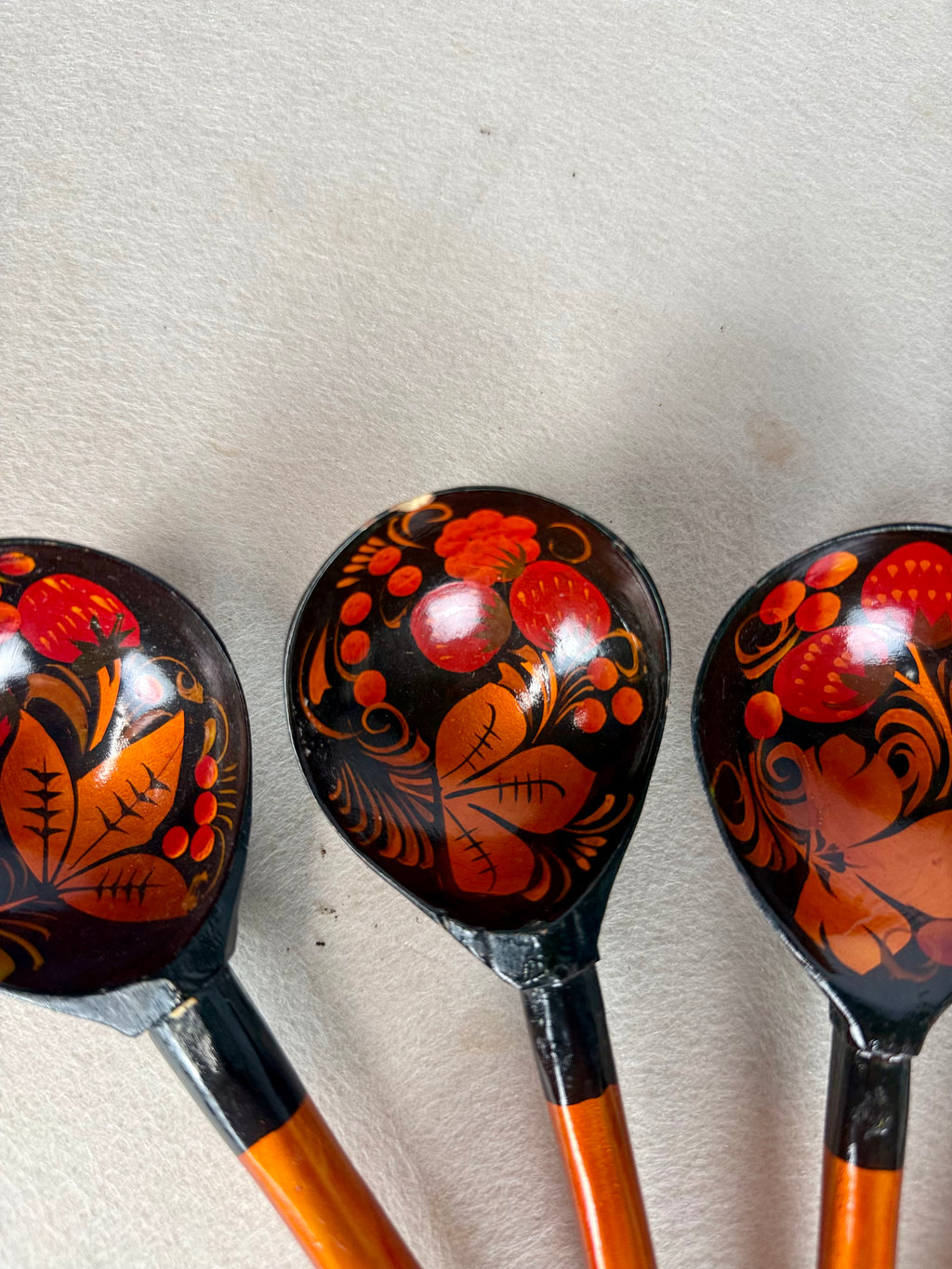 Vintage Hand-Painted Khokhloma Russian Wooden Spoons, Set of 5