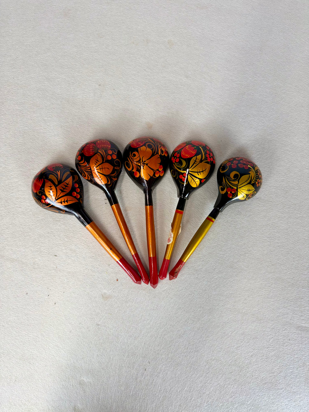 Vintage Hand-Painted Khokhloma Russian Wooden Spoons, Set of 5