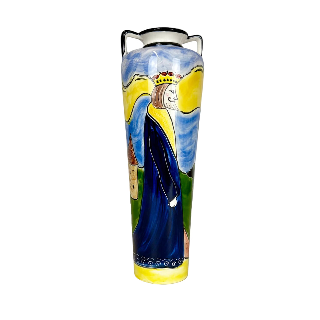 Tall Hand-Painted Ceramic Vase With King Scene