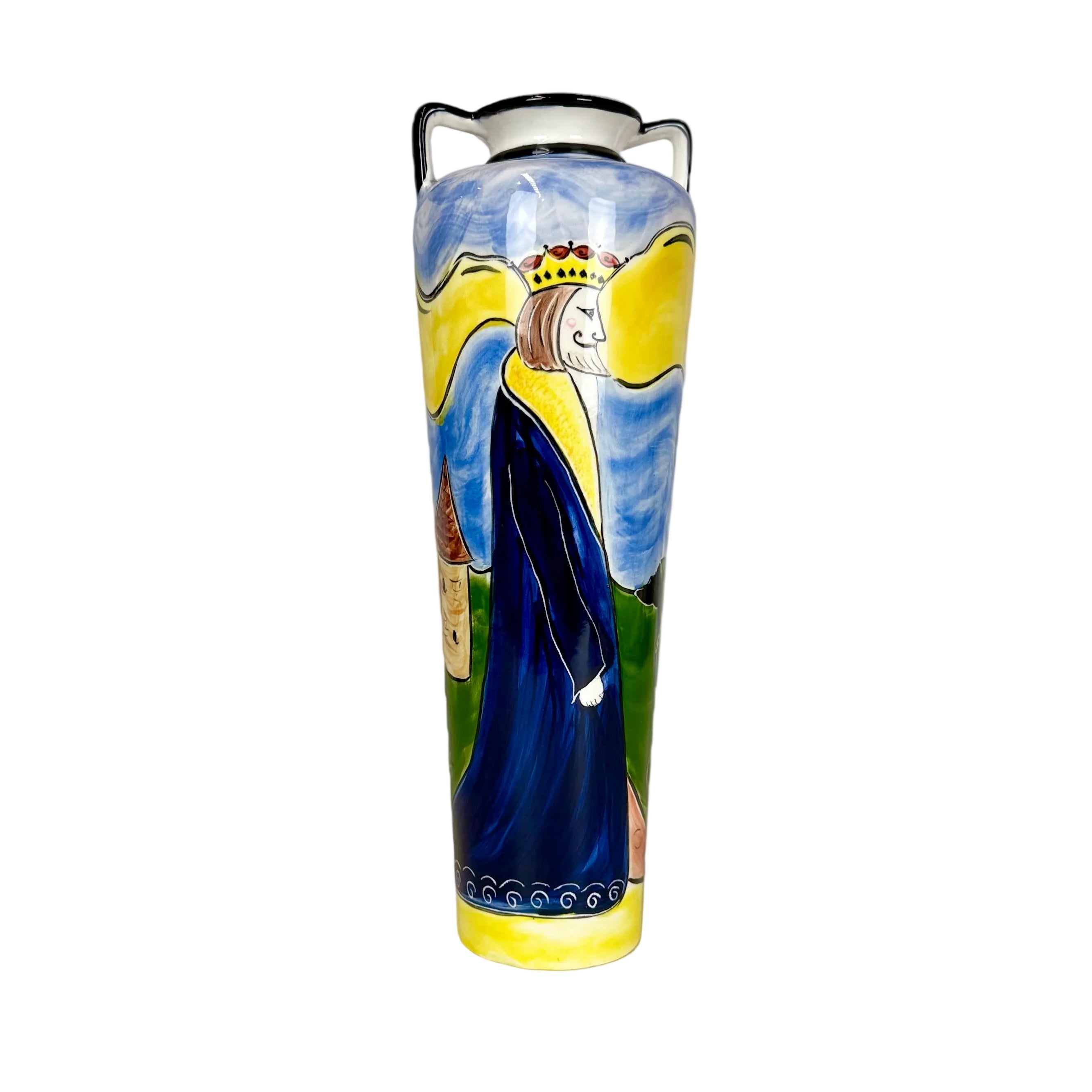 Tall Hand-Painted Ceramic Vase With King Scene