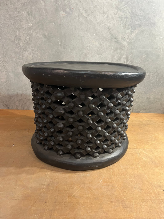 Small round dark wood timber coffee table - plantation style