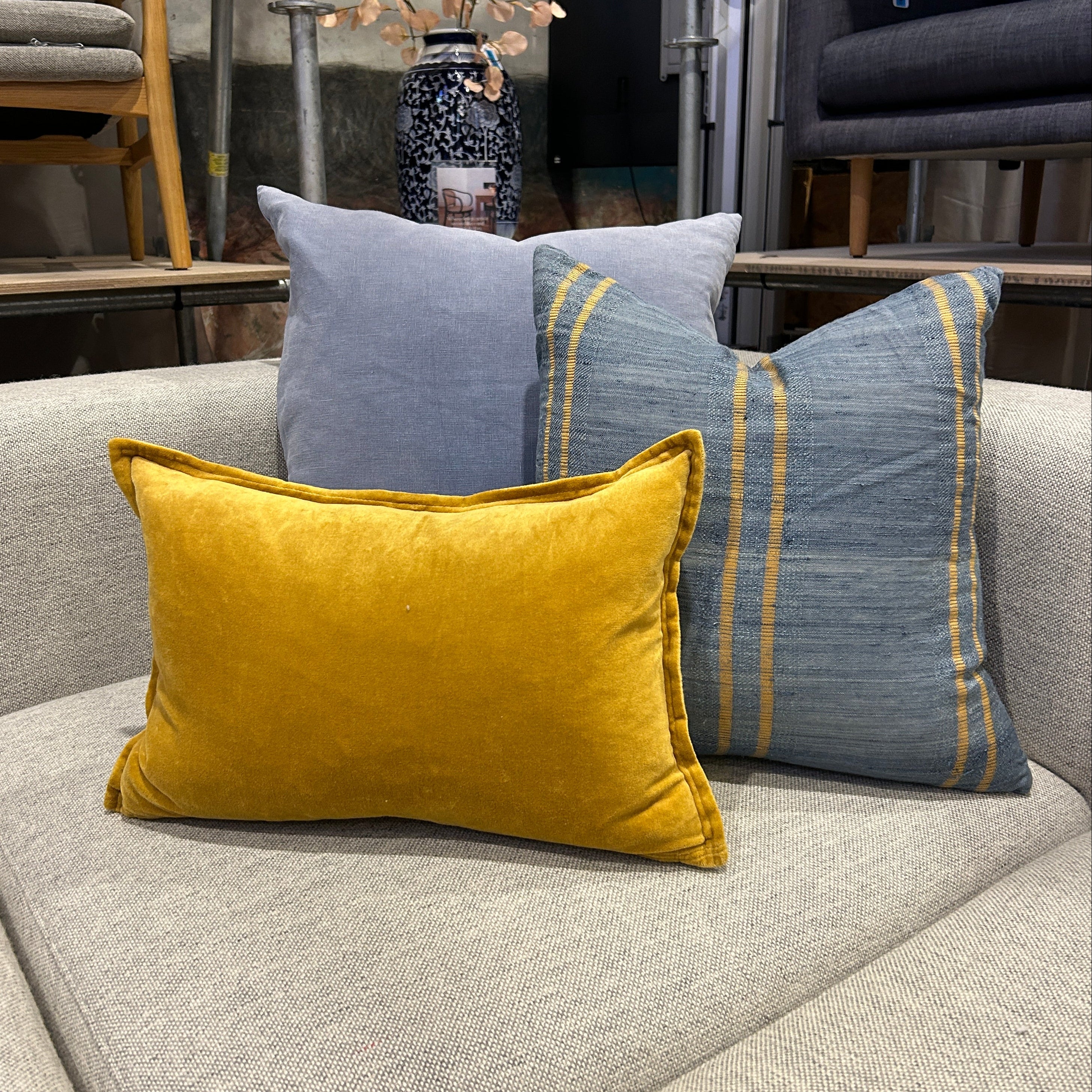 Chambray Blue and Yellow Striped Cushion
