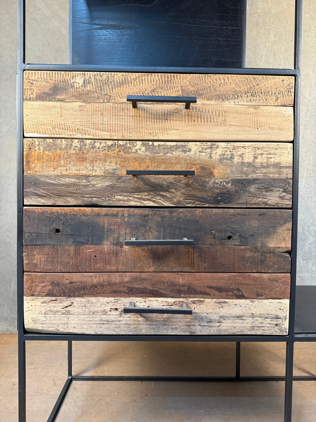 Reclaimed Wood Open Shelves with Draws