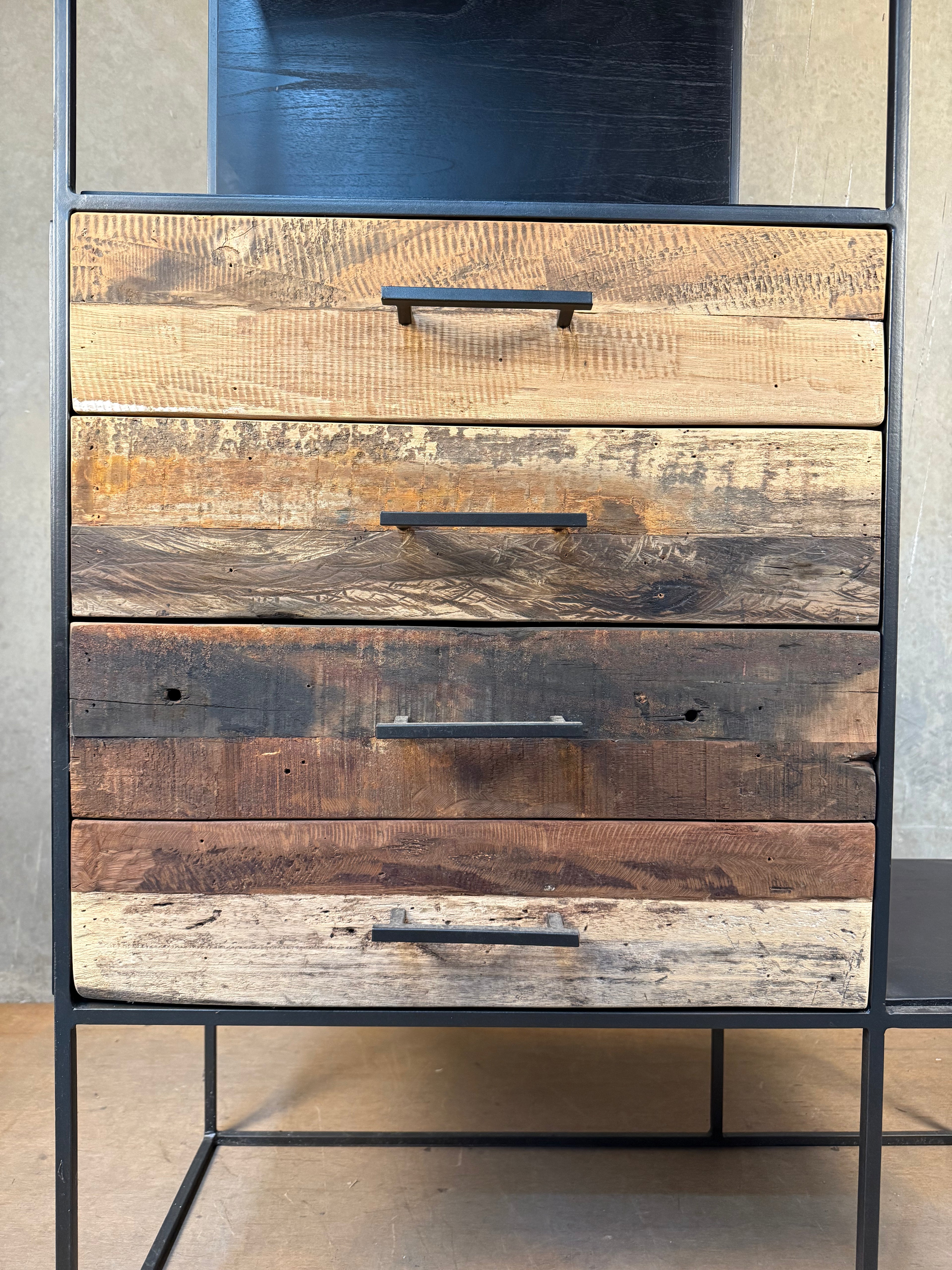 Reclaimed Wood Open Shelves with Draws