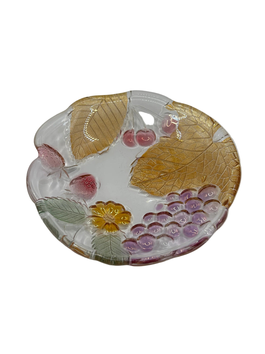 Set of 3 Vintage Grape & Leaf Design Glass Side Plates