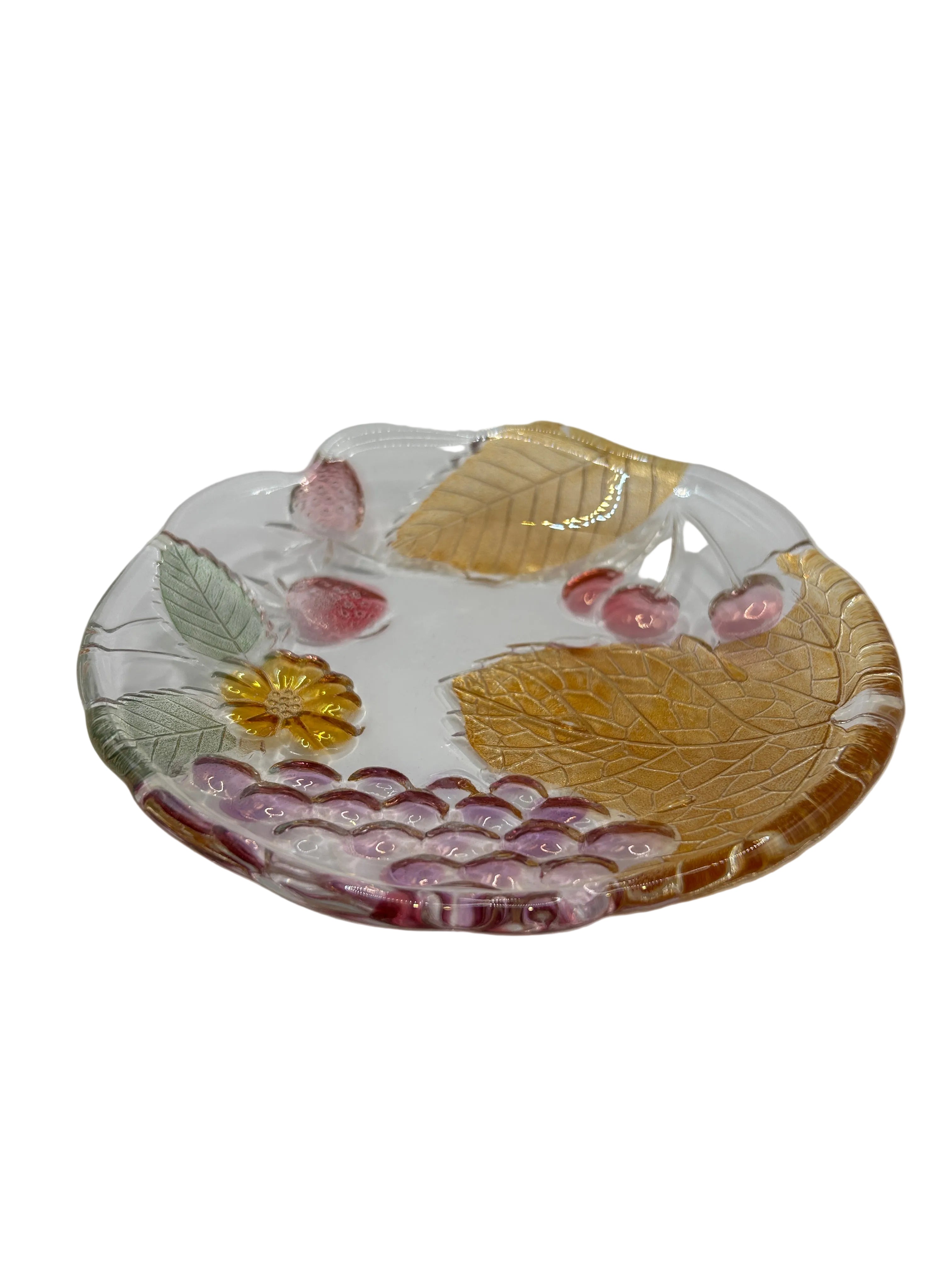 Set of 3 Vintage Grape & Leaf Design Glass Side Plates