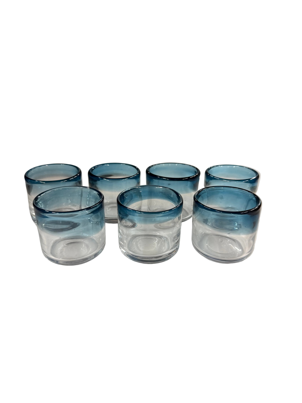 Hand Blown Mexican Rocks Glasses with Aqua Rims Set of 7