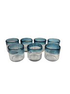 Hand Blown Mexican Rocks Glasses with Aqua Rims Set of 7