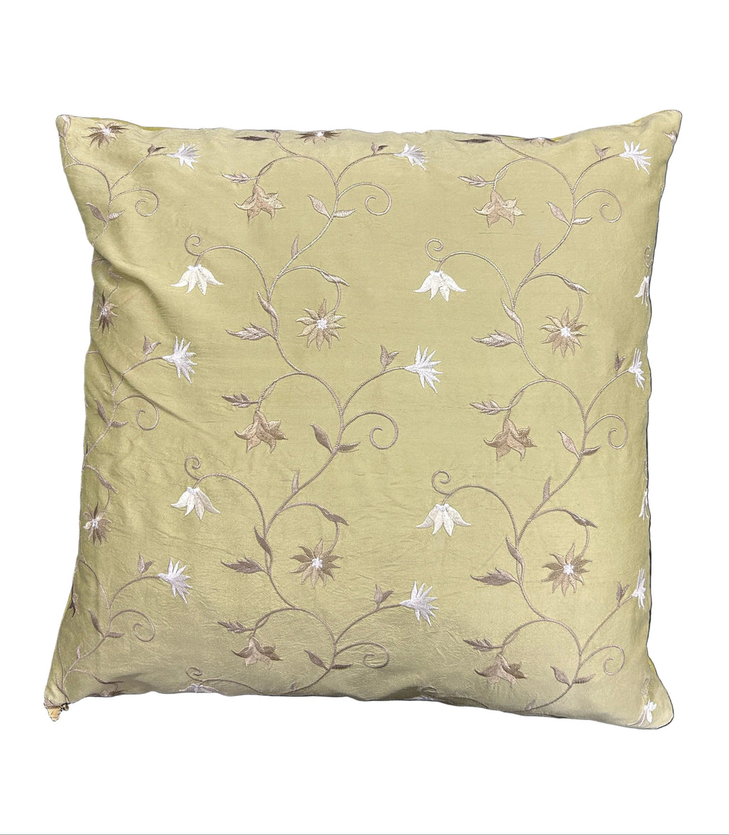 Soft Olive Silk Cushion with Embroidered Vines