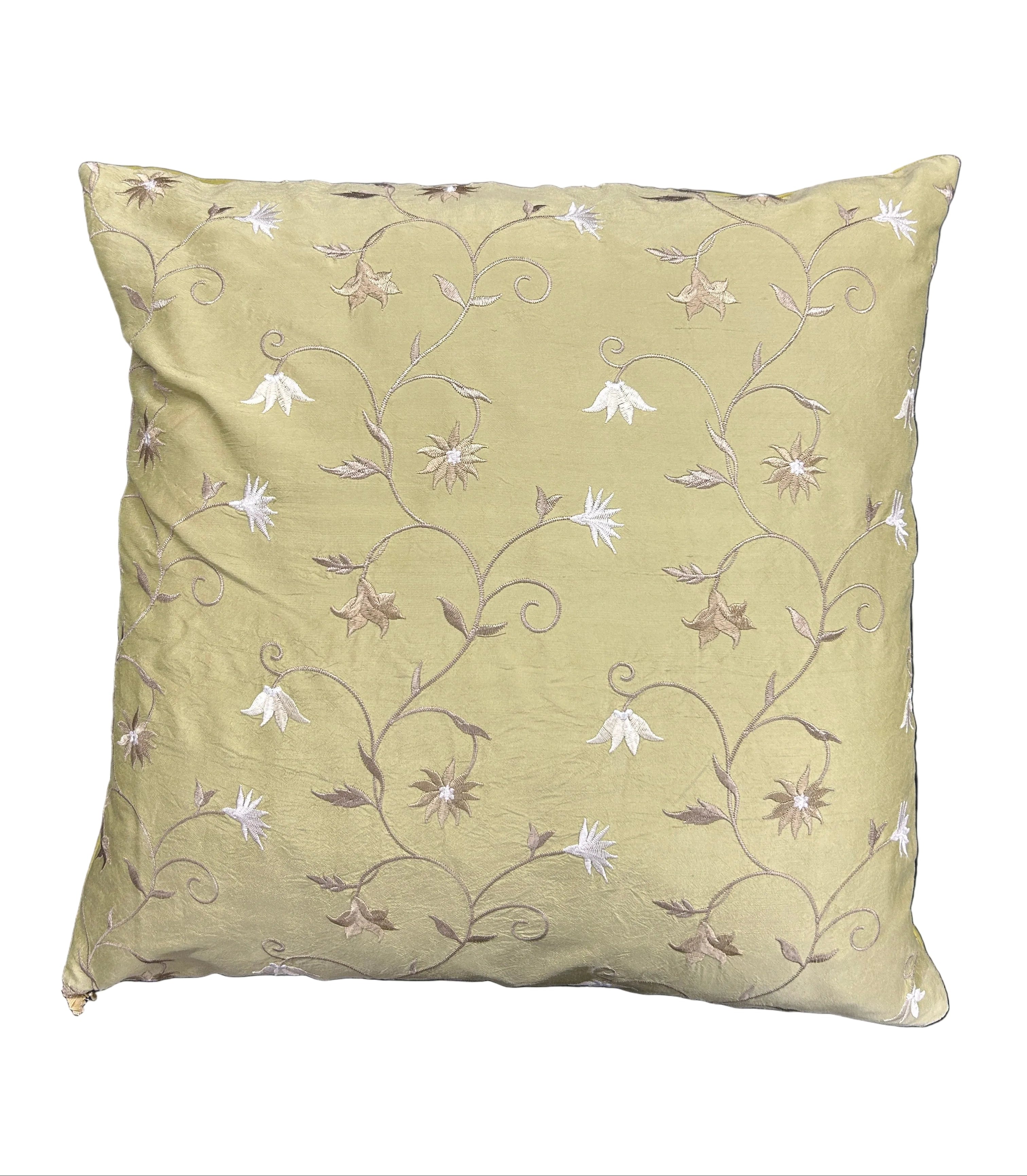 Soft Olive Silk Cushion with Embroidered Vines