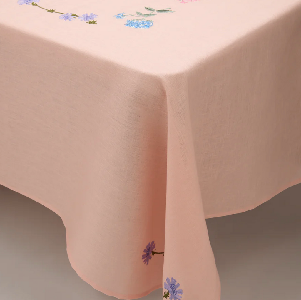 Gift Guide In The Round House Pink Linen and Floral Embroidered Tablecloth