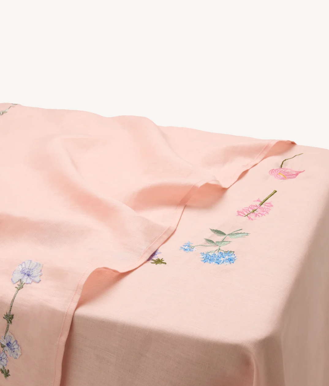 Gift Guide In The Round House Pink Linen and Floral Embroidered Tablecloth