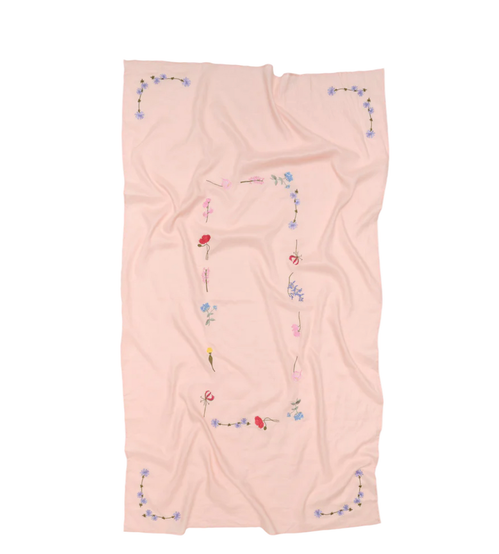 Gift Guide In The Round House Pink Linen and Floral Embroidered Tablecloth