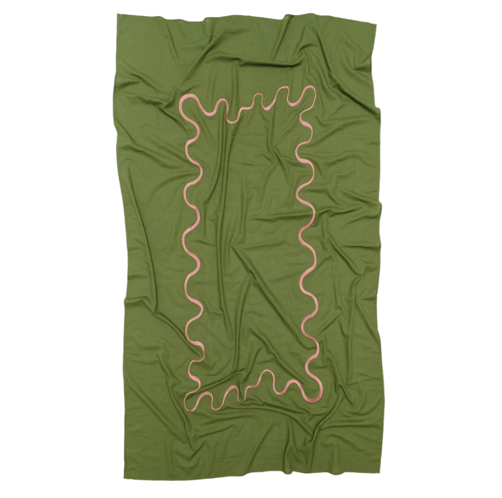 Gift Guide In The Round House Green Linen Tablecloth with Pink Embroidered Squiggle