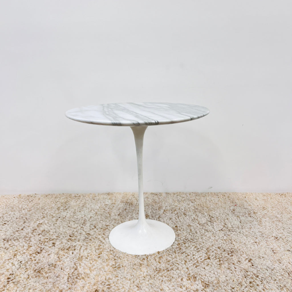 White Marble Top side table with Tulip Style white base.