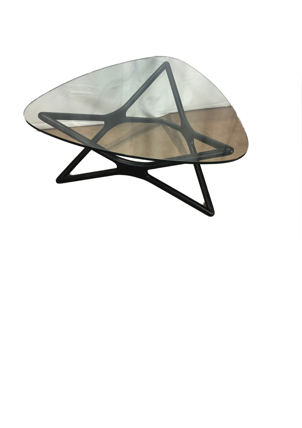 Glass top triangular coffee table black oak legs