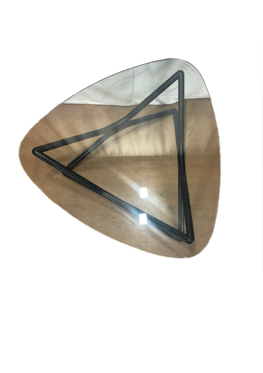 Glass top triangular coffee table black oak legs